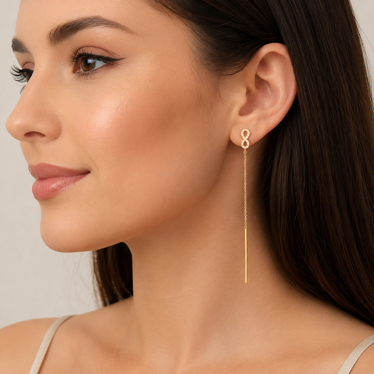 Cercei Infinitul Auriu din Argint 925 Placat cu Aur 14K – Model Threader cu Zirconii Strălucitoare, 7.5 cm. CD617