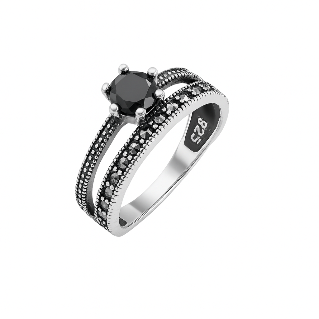 Inel din Argint 925 cu Marcasite și Piatra Neagră, Mărimea 13, Bijuterie Elegantă