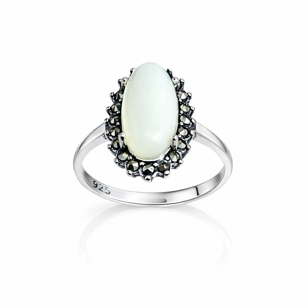 Inel din Argint 925 cu Sidef Alb Natural și Marcasite – Design Elegant Vintage, Piatra Ovală 14x7 mm. ID508