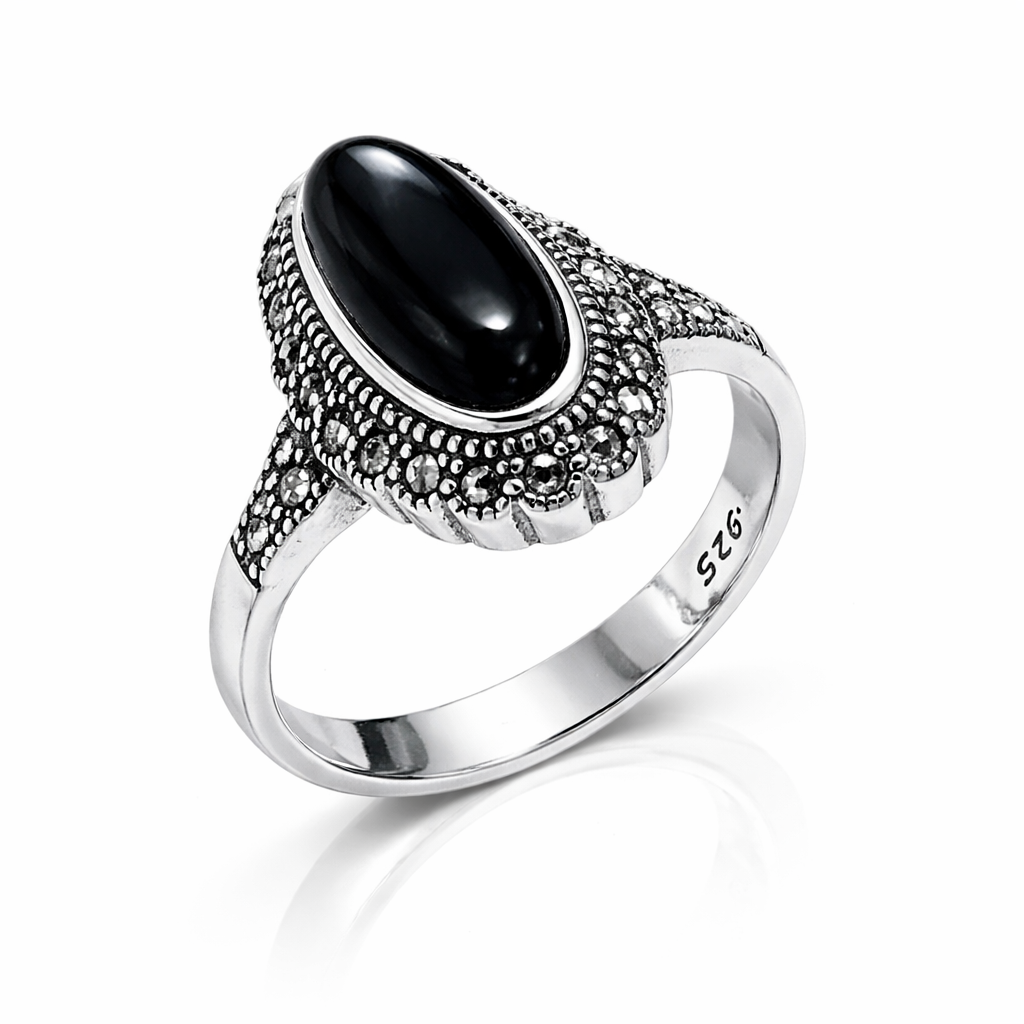 Inel Argint 925 cu Onyx Negru și Marcasite – Design Elegant Vintage, 4.9 g. ID503