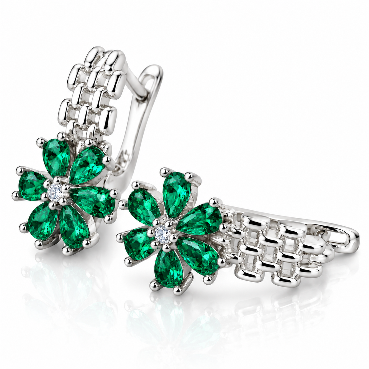 Cercei damă din Argint 925 „Smaraldia” – Flori cu Pietre Verde Smarald, Eleganță Regală