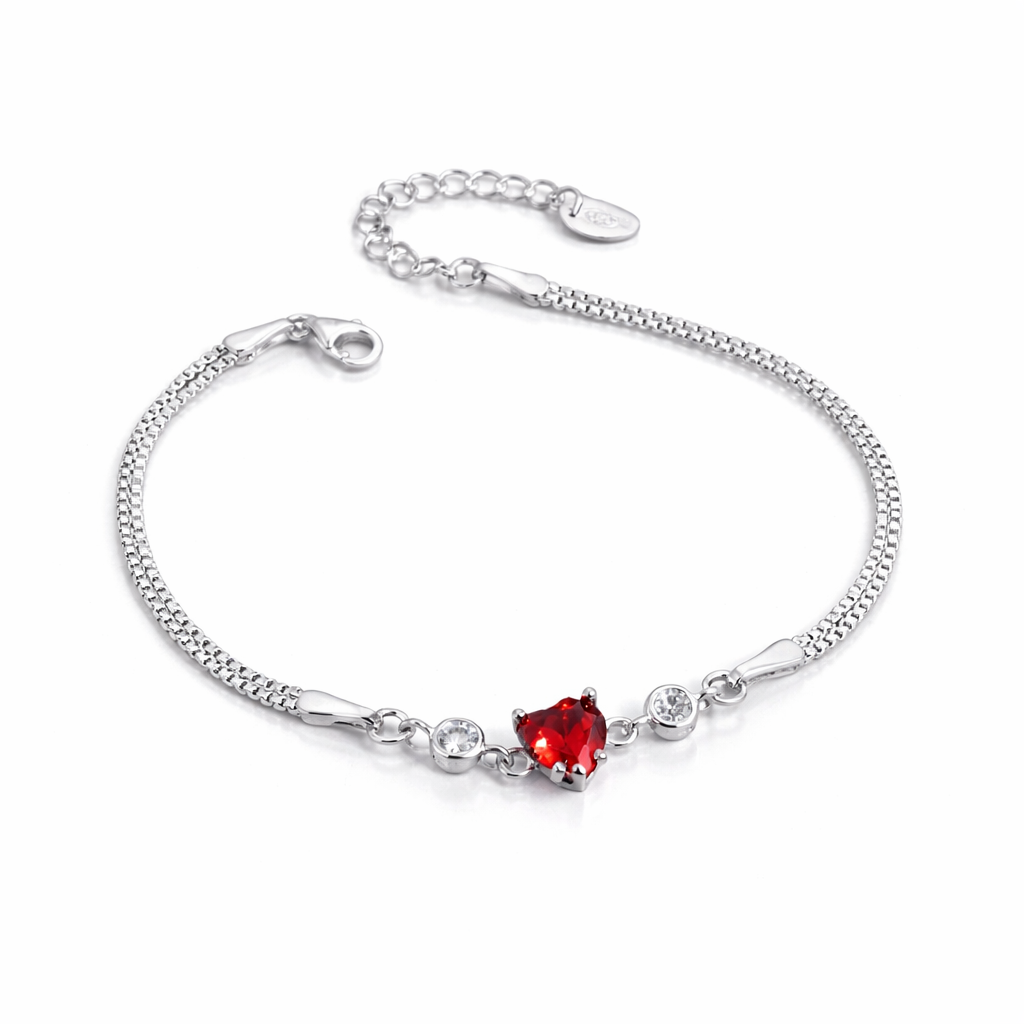 Bratara din Argint 925 cu Inima Rosie 8 mm si Cristale Zirconia – Lant Dublu Reglabil 17+3 cm. BD412