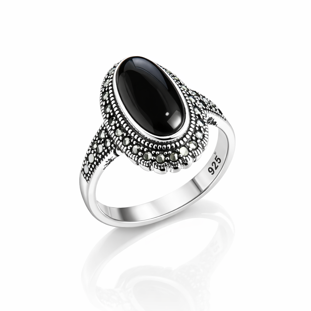 Inel Argint 925 cu Onyx Negru și Marcasite – Design Elegant Vintage, 4.9 g. ID503