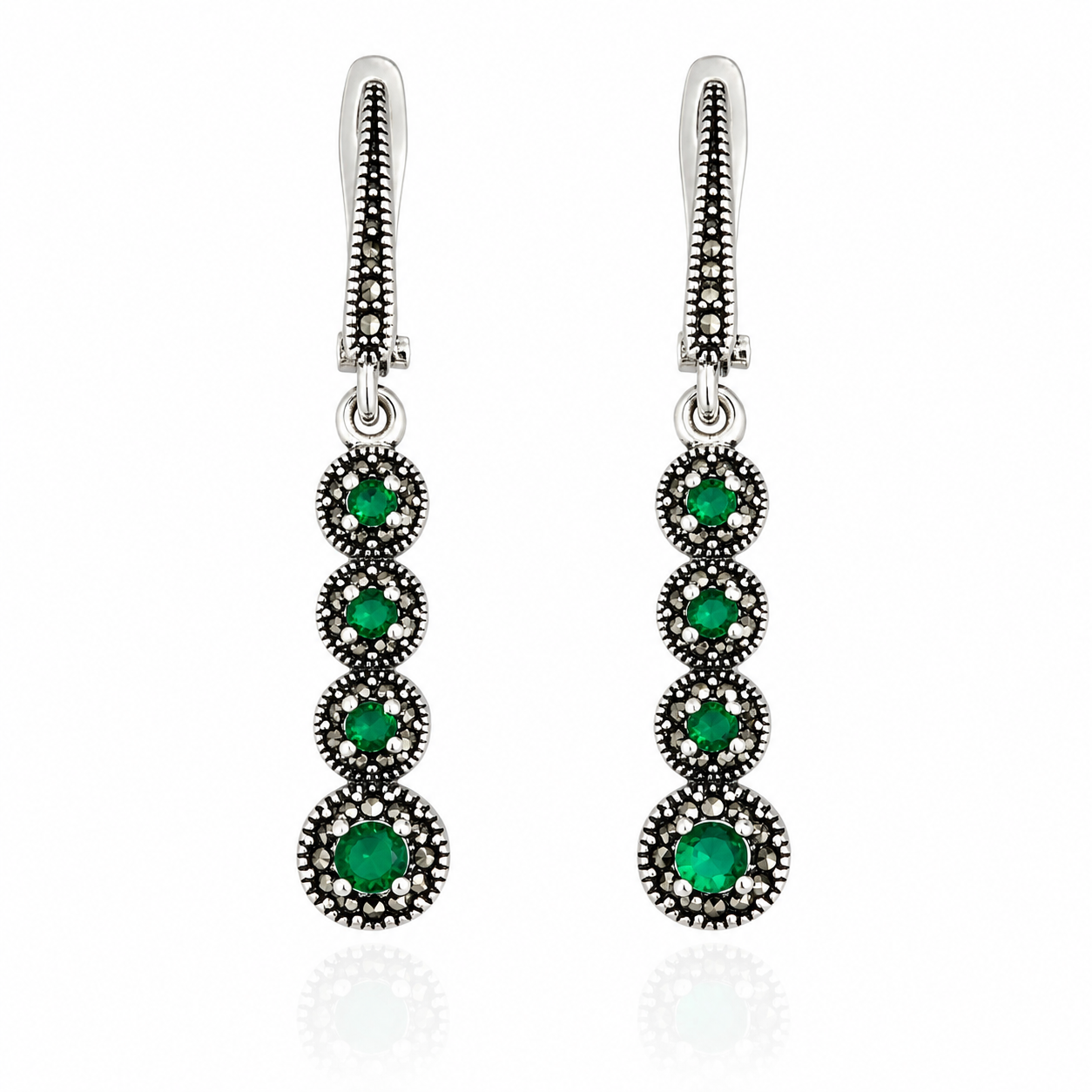 Cercei din Argint 925 cu Marcasite Naturale și Zirconii Verzi „Smaralda Regală”. CD621
