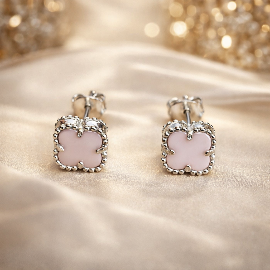 Cercei din Argint 925 cu Sidef Roz Tip Floare – Eleganță Inspirată de Stilul Van Cleef. CD339