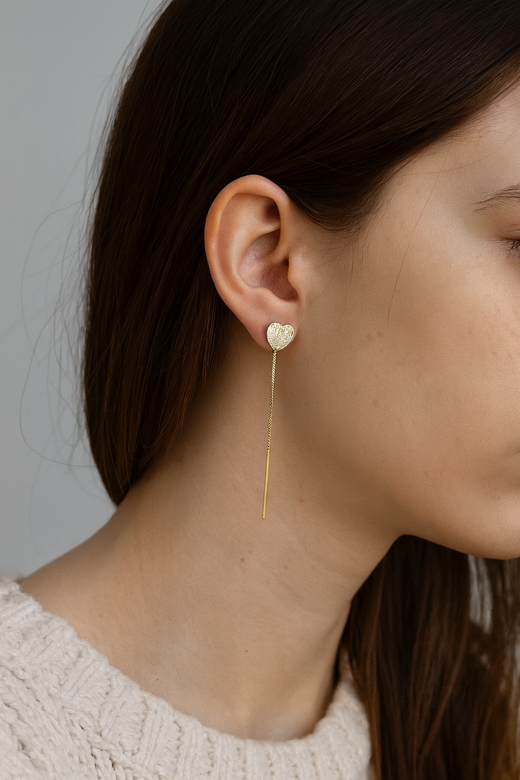 Cercei cu Fir din Argint 925 Placat cu Aur de 14K, Model Inimioară Strălucitoare, Lungime 8 cm