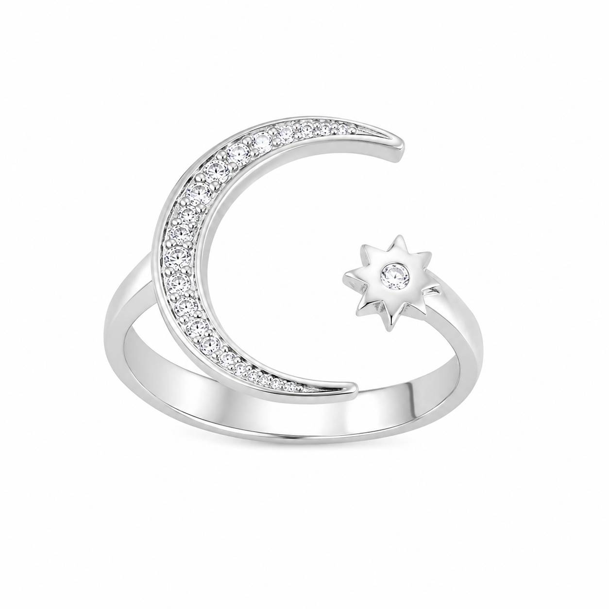 Inel Reglabil din Argint 925 Rodiat „Luna și Steaua” cu Zirconii – Aspect Aur Alb, Design Celest Elegant. ID523