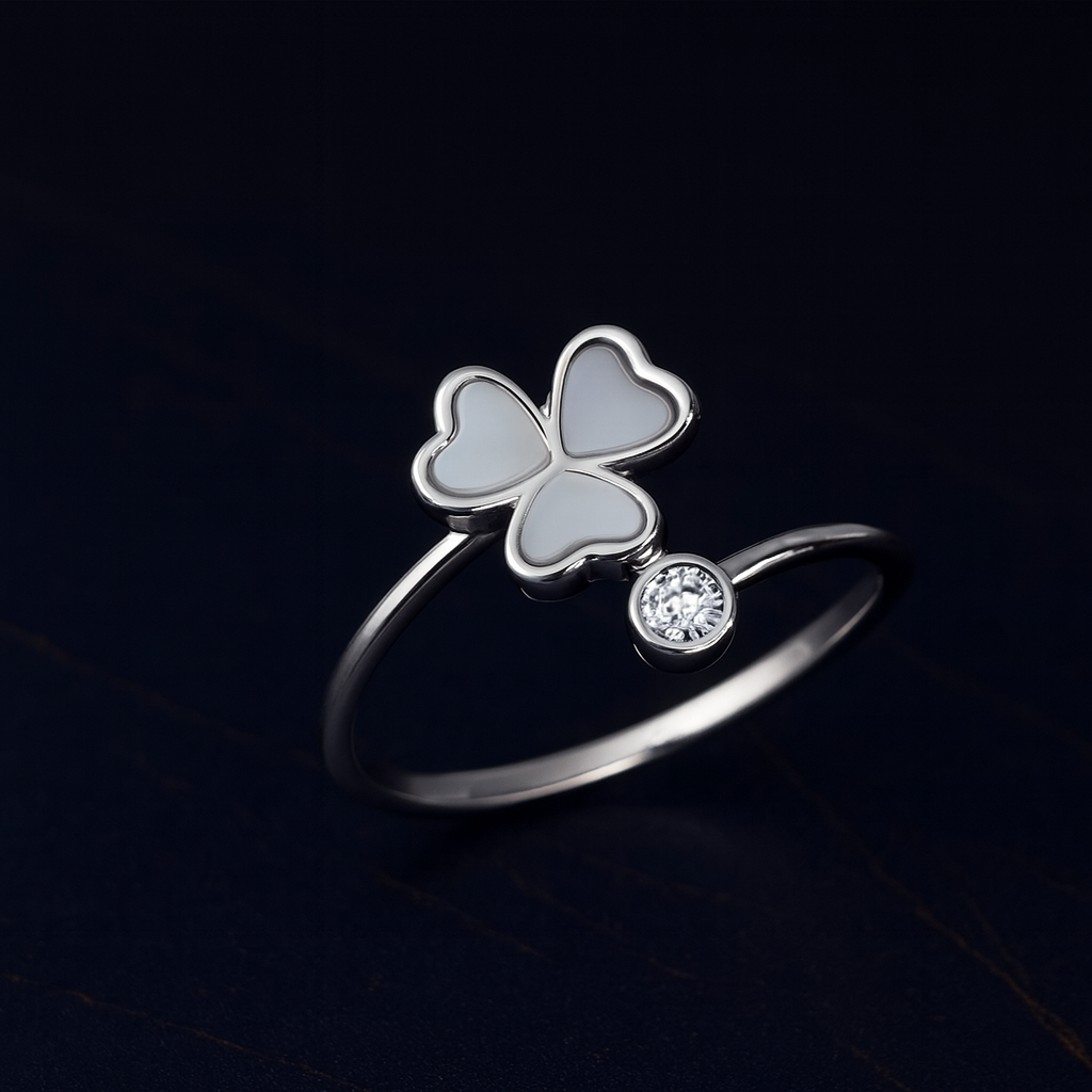 Inel Reglabil Trifoi cu Email Alb din Argint 925 Rodiat, Design Elegant. ID524