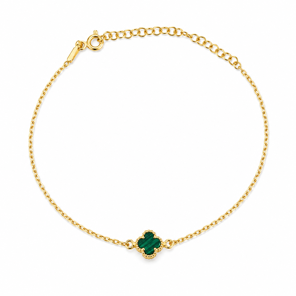 Brățară Clover Green Luxury din Argint 925 Placat cu Aur 14K și Malachit Verde – Model Inspirat Van Cleef, Ajustabilă 18+4 cm. BD303