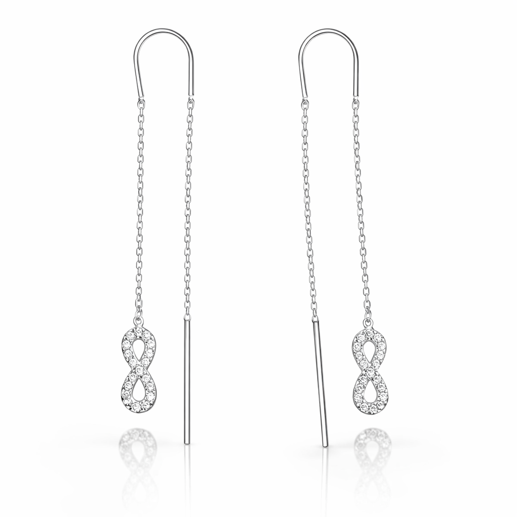 Cercei Lungi Tip Threader din Argint 925 cu Simbol Infinit și Zirconii – Eleganță Minimalistă Premium, 7.5 cm, Infinity Earrings Romania. CD626