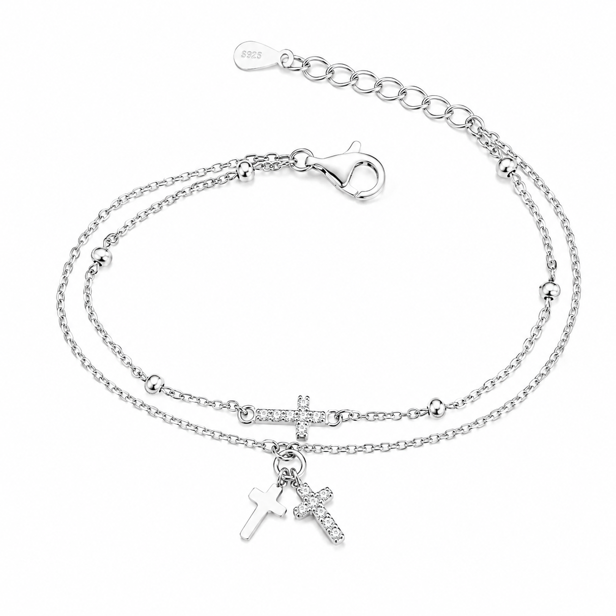 Brățară Dublă din Argint 925 cu Cruciulițe și Zirconii – Brățară Elegantă Reglabilă pentru Femei, 17+3 cm. BD431