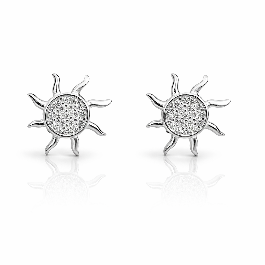 Cercei din Argint 925 în Formă de Soare cu Pietre Strălucitoare – 14 mm, Închidere Tip Șurub, Eleganță Modernă. CD543