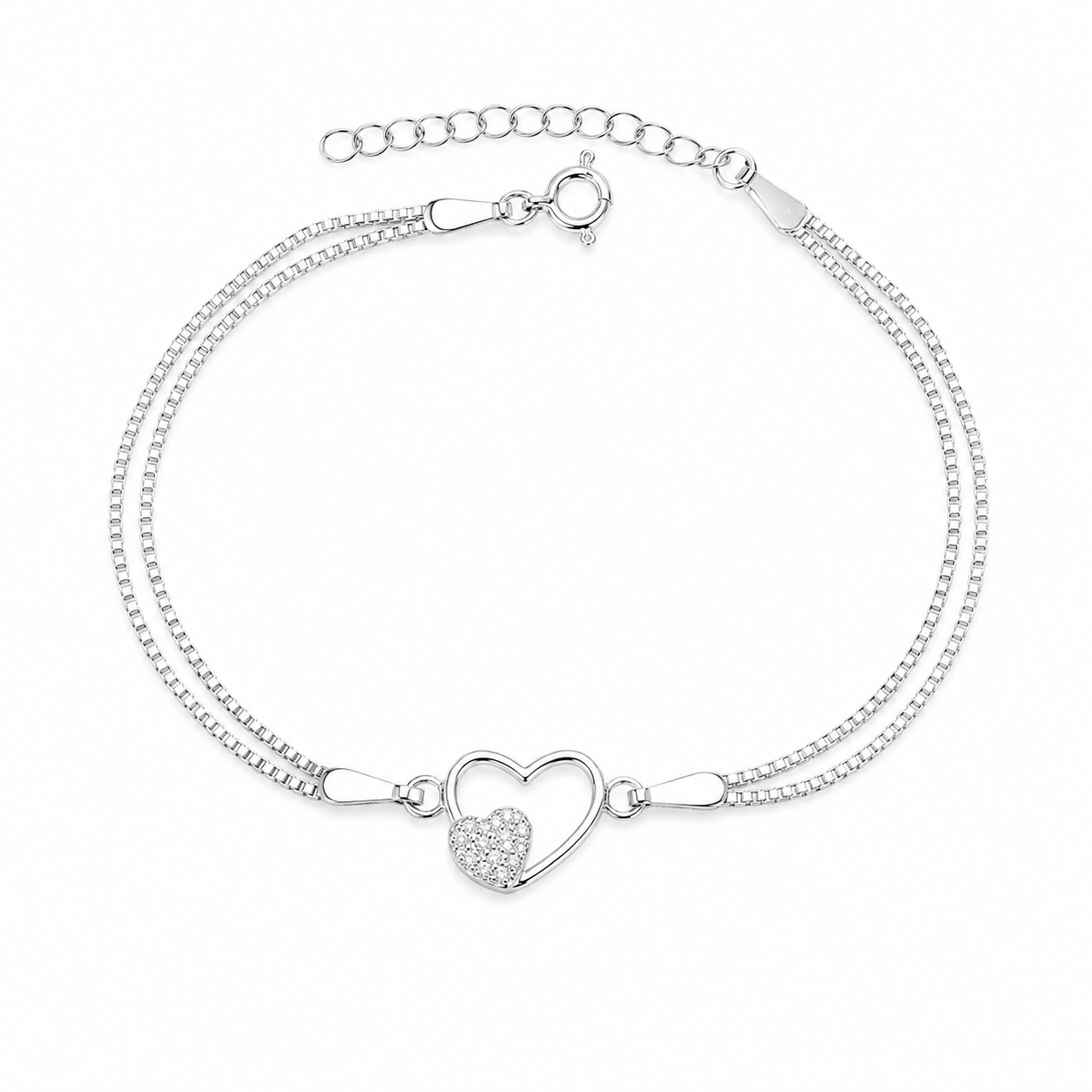 Brățară din Argint 925 „Inima Eternă” – Inimă Dublă cu Zirconii, Reglabilă 16+3 cm. BD445