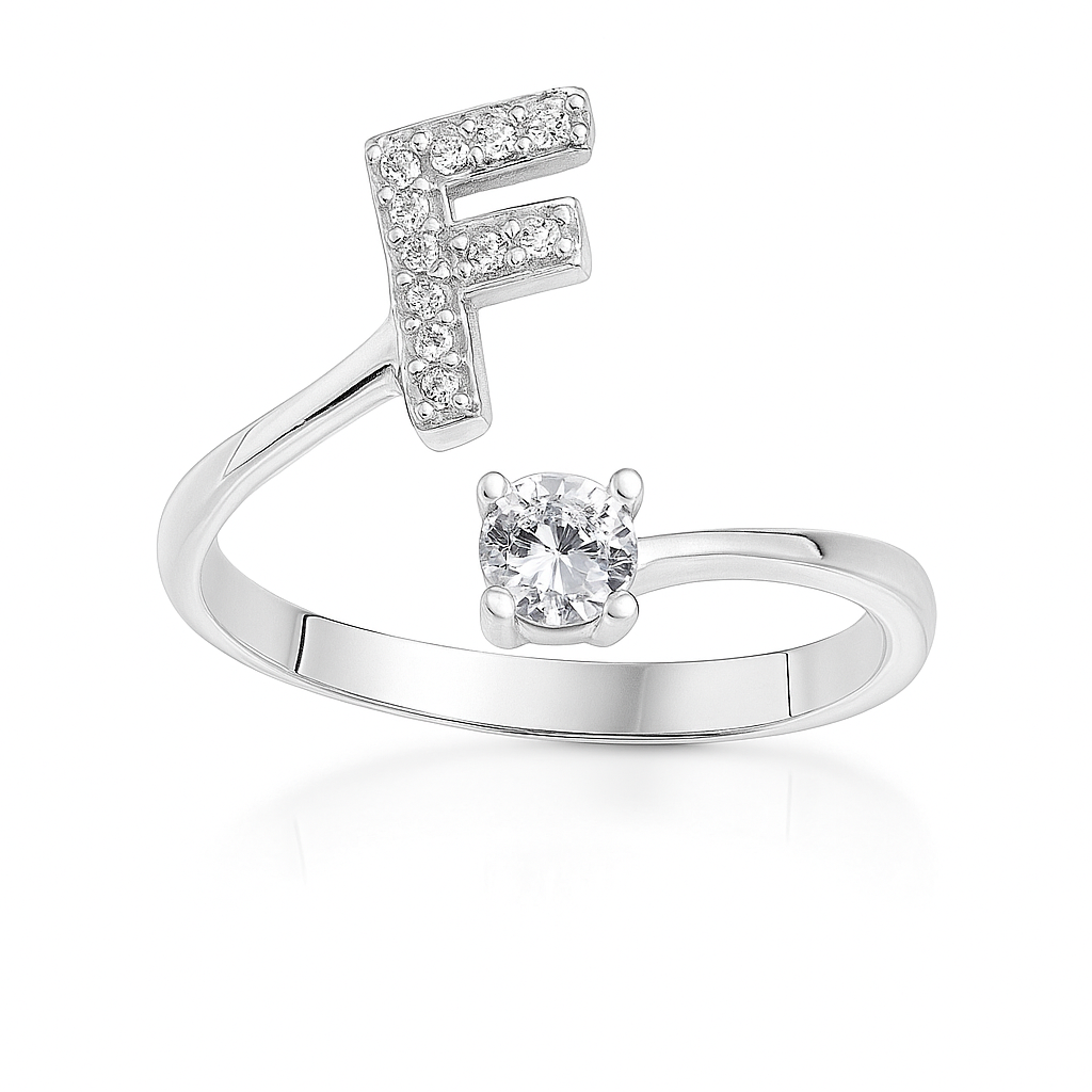 Inel reglabil din argint cu inițială – bijuterie elegantă personalizată din argint 925, mărime universală, cutie cadou inclusă. ID10