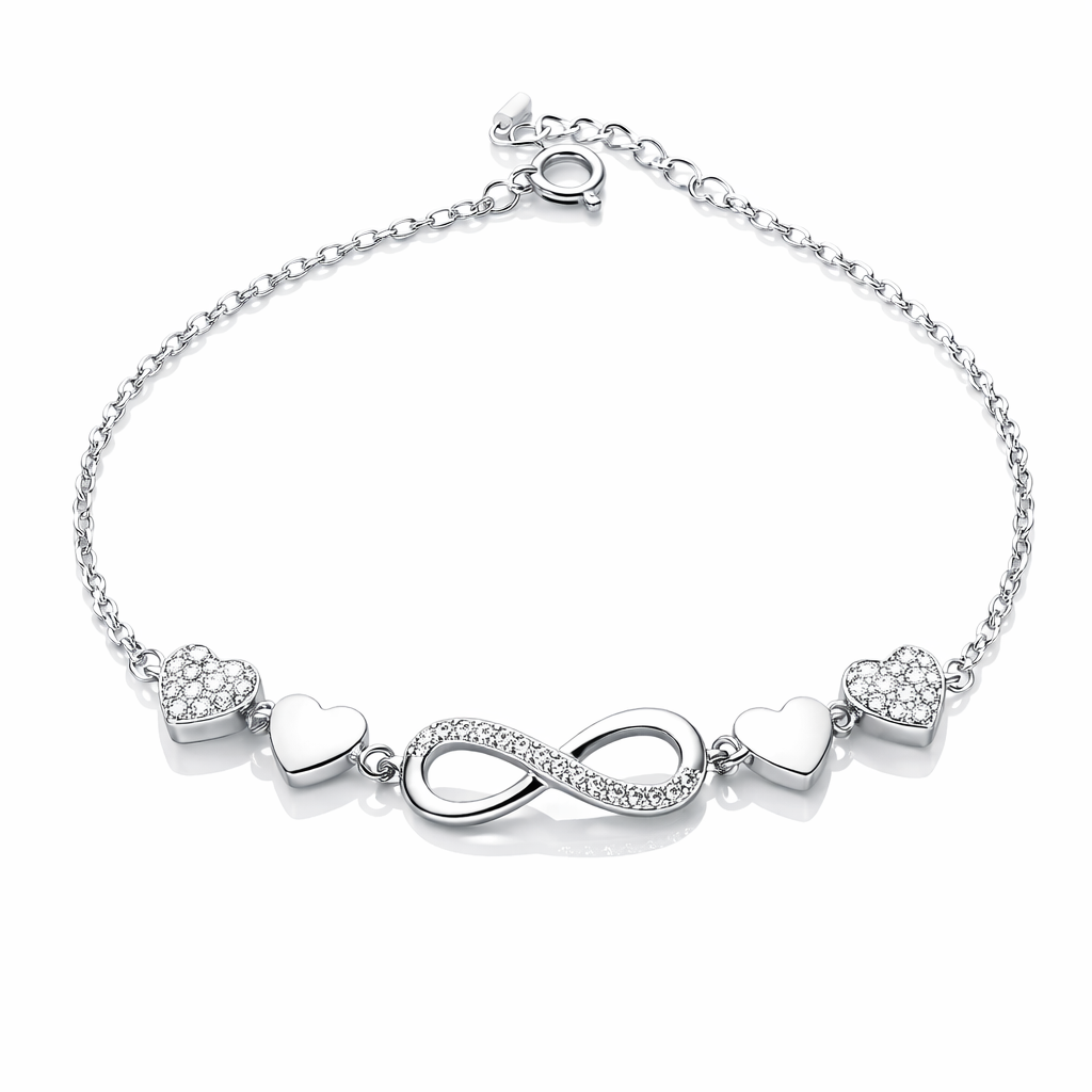 Brățară din Argint 925 Rodiat cu Simbol Infinit și Inimi Pavé, Lungime Ajustabilă 16+3 cm. BD428