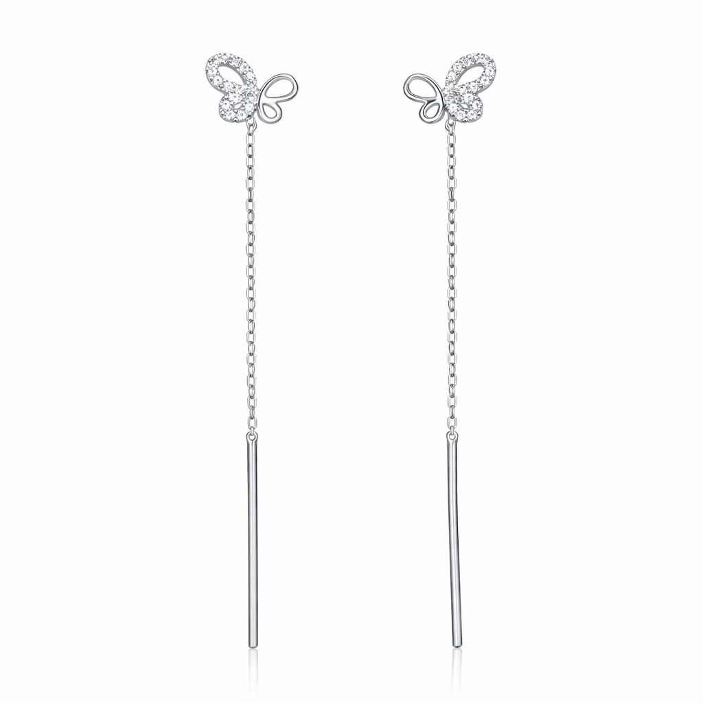 Cercei cu Lanț din Argint 925 Rodiat cu Fluturaș Elegant – Design Modern, Lungime 7 cm. CD587