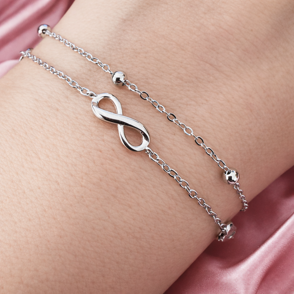 Brățară Damă Argint 925 Rodiat cu Simbol Infinit, Dublu Lanț, Lungime Ajustabilă 18+3 cm – Eleganță Modernă. BD429