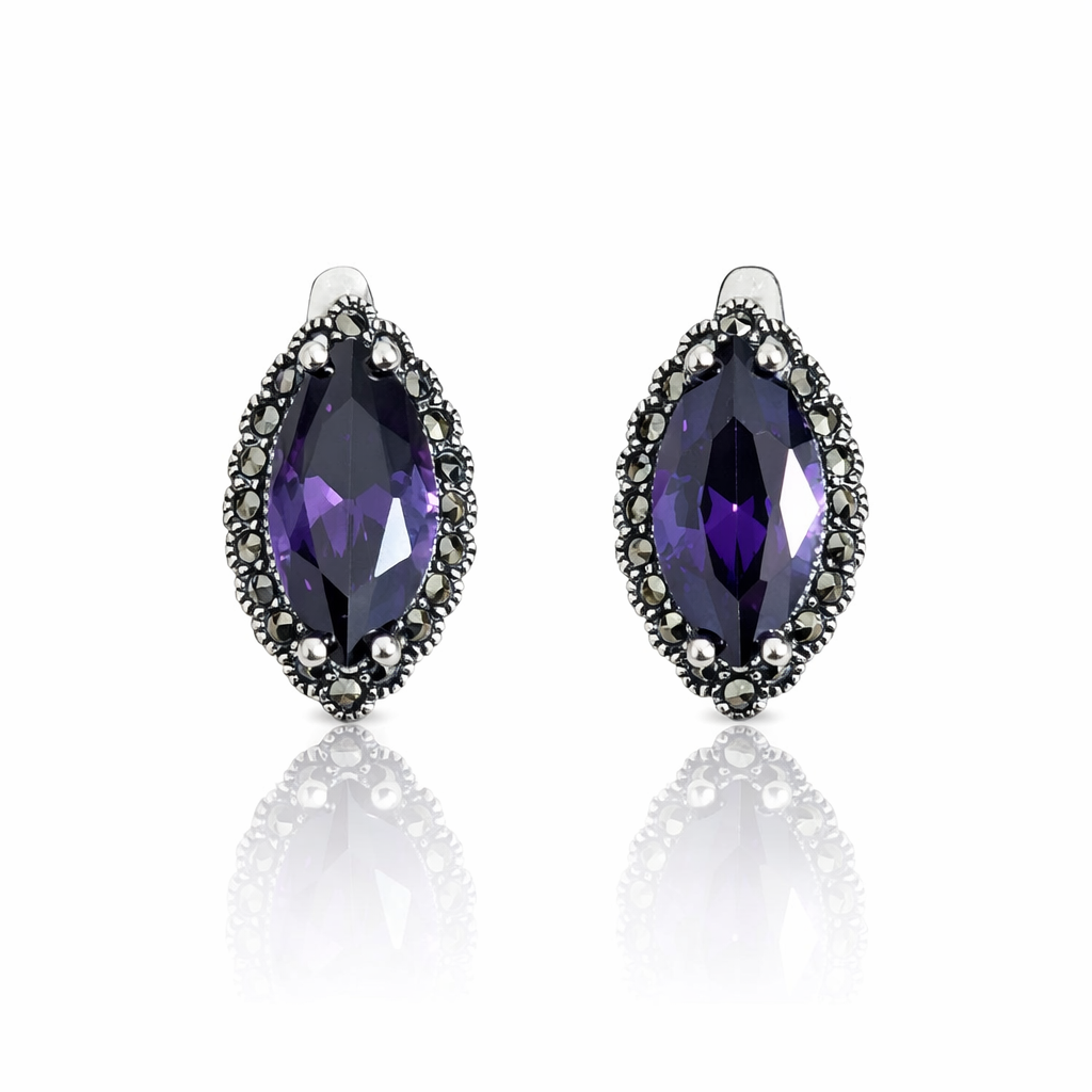 Cercei din Argint 925 „Ametis Nocturne” – Ametist Natural și Marcasite, Design Elegant Vintage. CD572