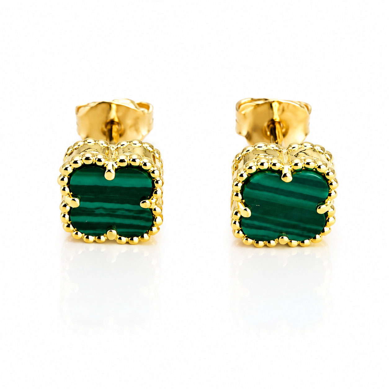 Cercei Delicate Clover din Argint 925 Placat cu Aur 14K și Malachit Verde Natural, Model Tip Van Cleef, 6 mm. CD425