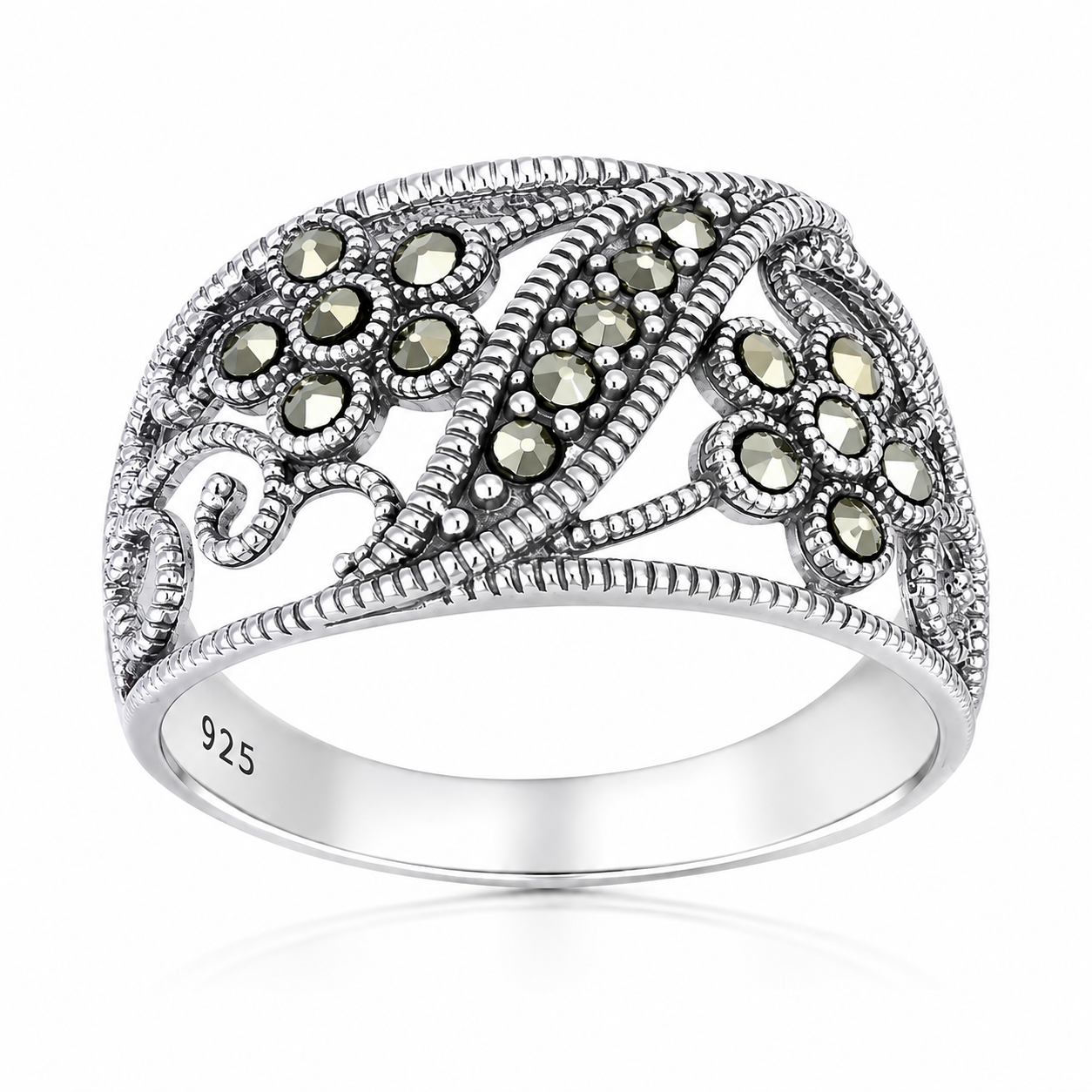 Inel din Argint 925 Rodiat „Grădina Eternă” cu Marcasite – Model Floral Vintage, 3,50 g ID570
