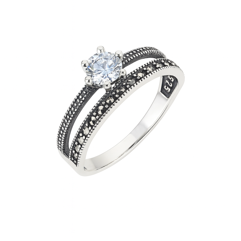 Inel din Argint 925 cu Marcasite și Piatra Centrală Strălucitoare, Vintage Elegant, 2.55 gr, Mărime 13
