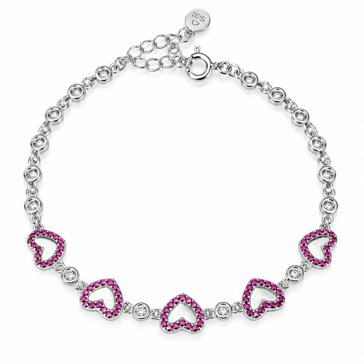 Brățară Damă „Inimi de Rubin” din Argint 925 cu Zirconii Roz și Albe – 17 + 3 cm