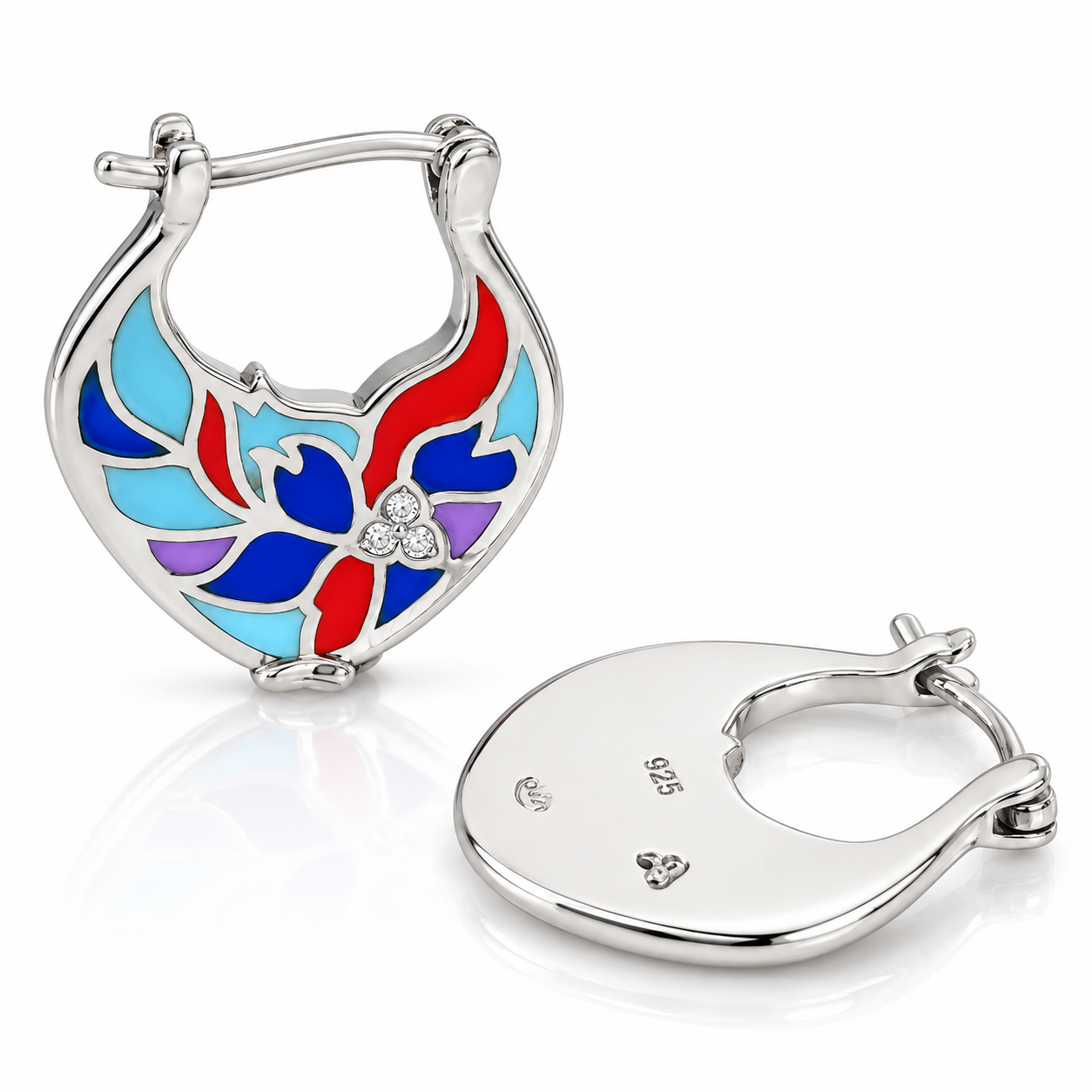 Cercei Damă din Argint 925 „Floare de Lumină” cu Email Multicolor și Zirconii – Tortiță 13,10 mm, 6,70 g