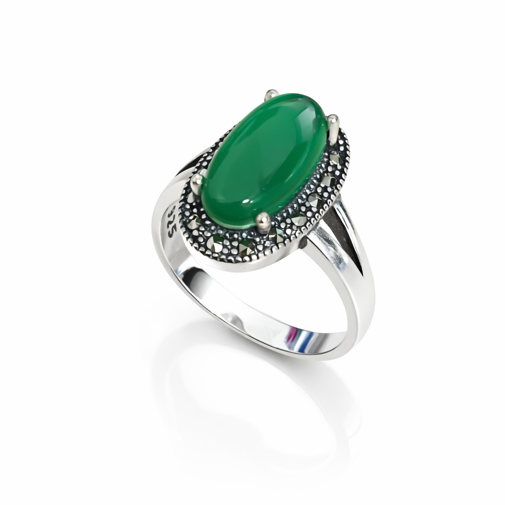 Inel din Argint 925 cu Onyx Verde Oval și Marcasite – Design Elegant Vintage, 4.4 g. ID513