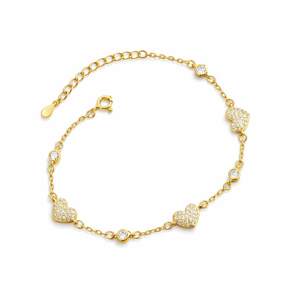 Brățară Argint 925 Aurit cu Inimioare Zirconia – Reglabilă 16+3 cm, Model Elegant Romantic. BD394