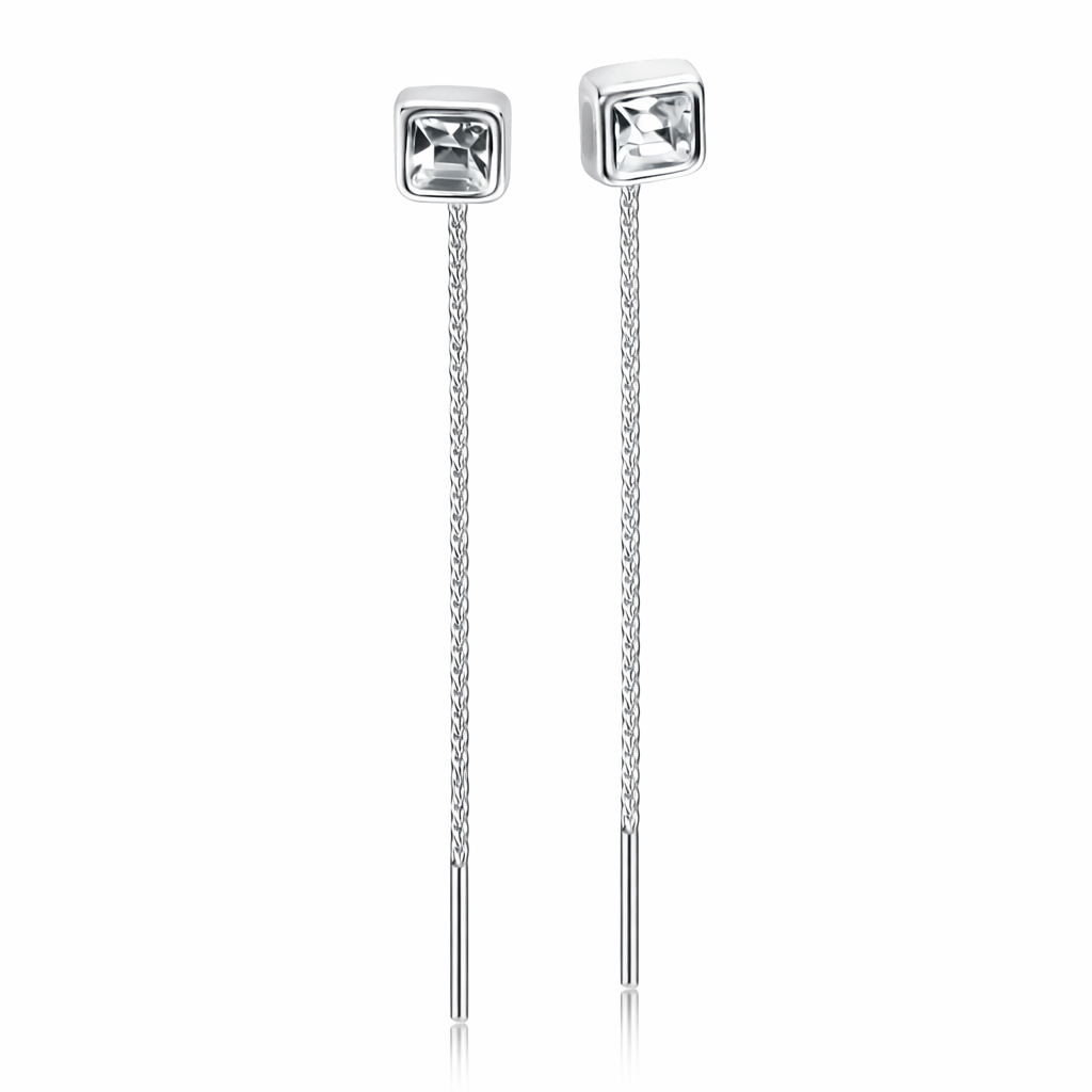 Cercei cu Lanț din Argint 925 cu Zirconiu Pătrat 6x6 mm – Cercei Lungime 7 cm, Design Elegant. CD555