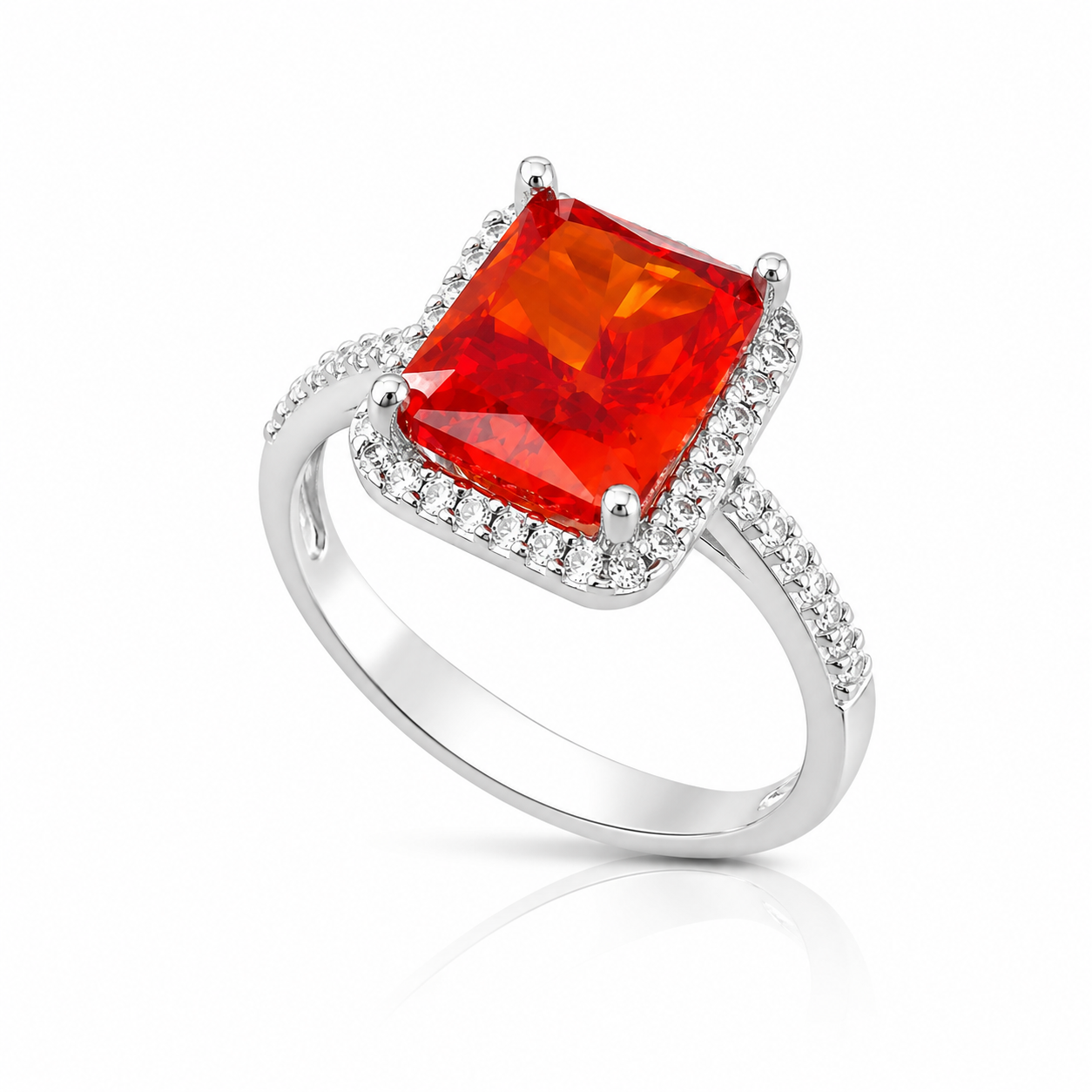 Inel din Argint 925 „Flacăra Regală” cu Zirconiu Roșu Rectangular 10x8 mm și Halo cu Zirconii – Eleganță Distinsă. ID537