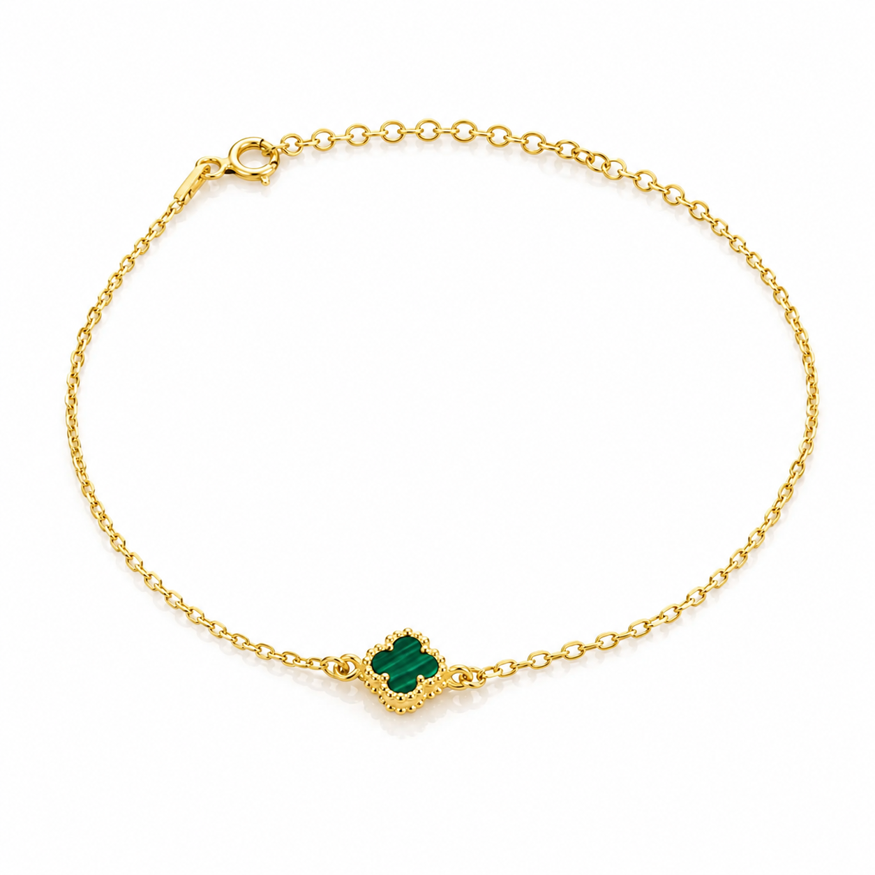 Brățară Clover Green Luxury din Argint 925 Placat cu Aur 14K și Malachit Verde – Model Inspirat Van Cleef, Ajustabilă 18+4 cm. BD303