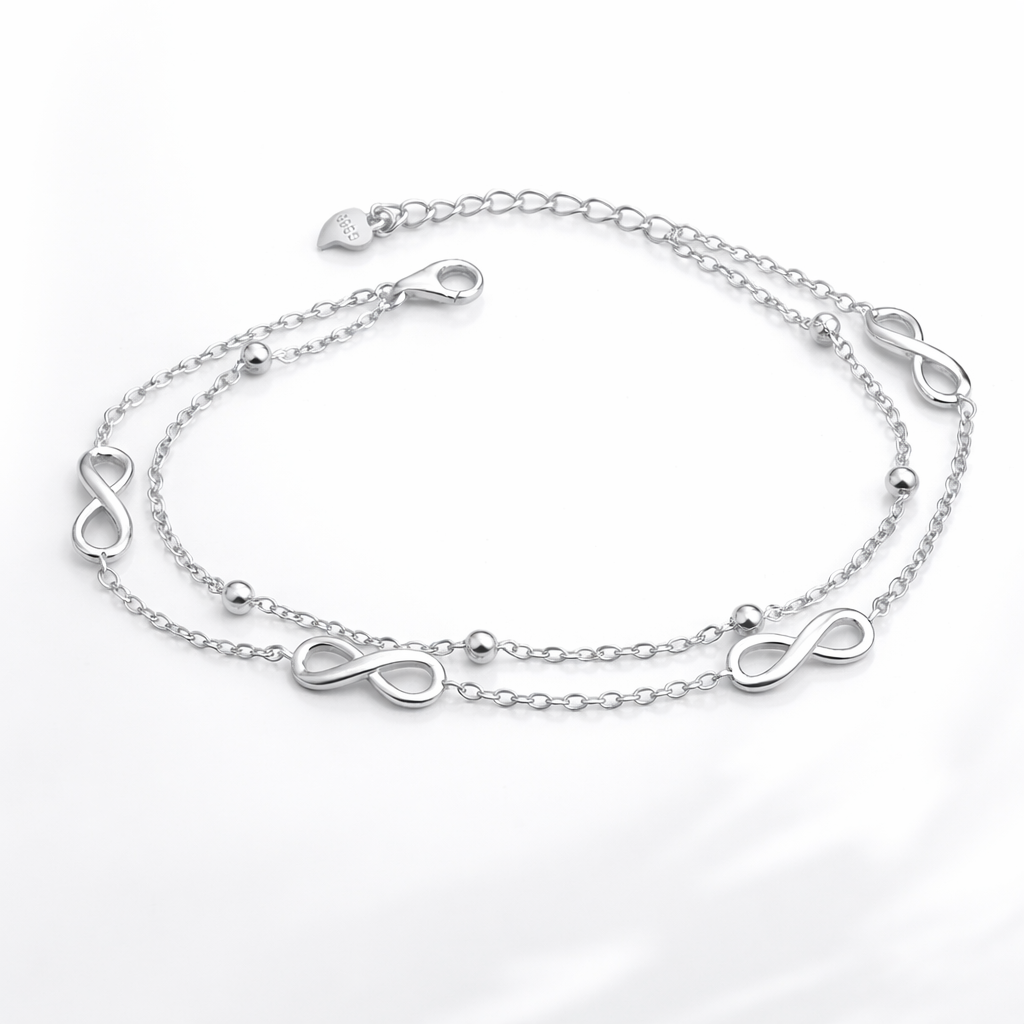 Brățară Damă Argint 925 Rodiat cu Simbol Infinit, Dublu Lanț, Lungime Ajustabilă 18+3 cm – Eleganță Modernă. BD429