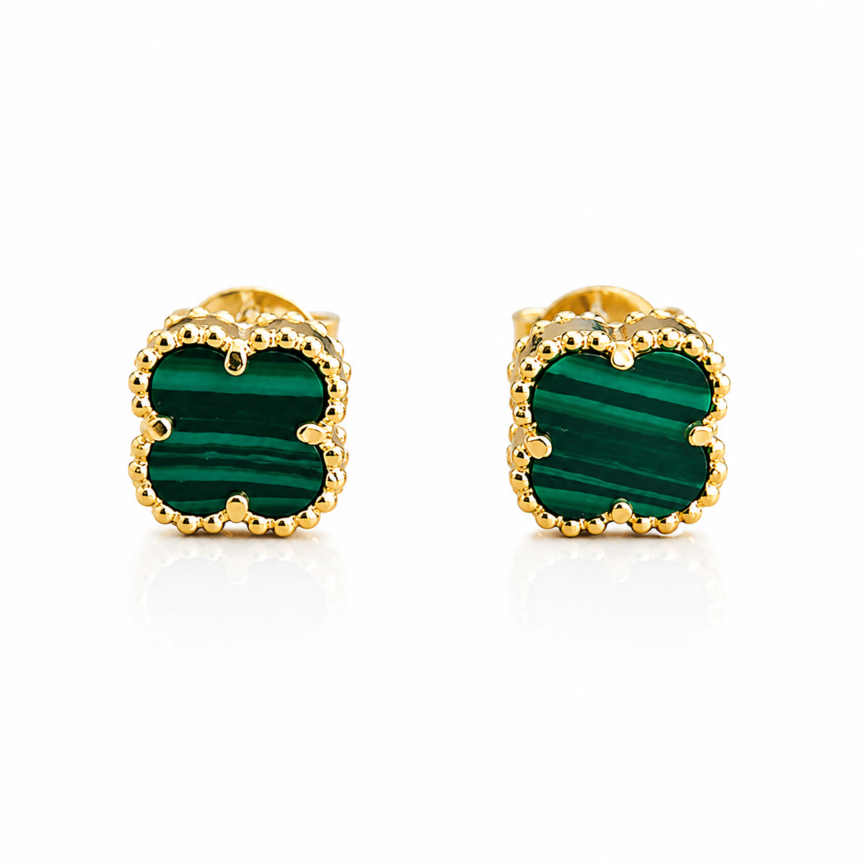 Cercei Delicate Clover din Argint 925 Placat cu Aur 14K și Malachit Verde Natural, Model Tip Van Cleef, 6 mm. CD425