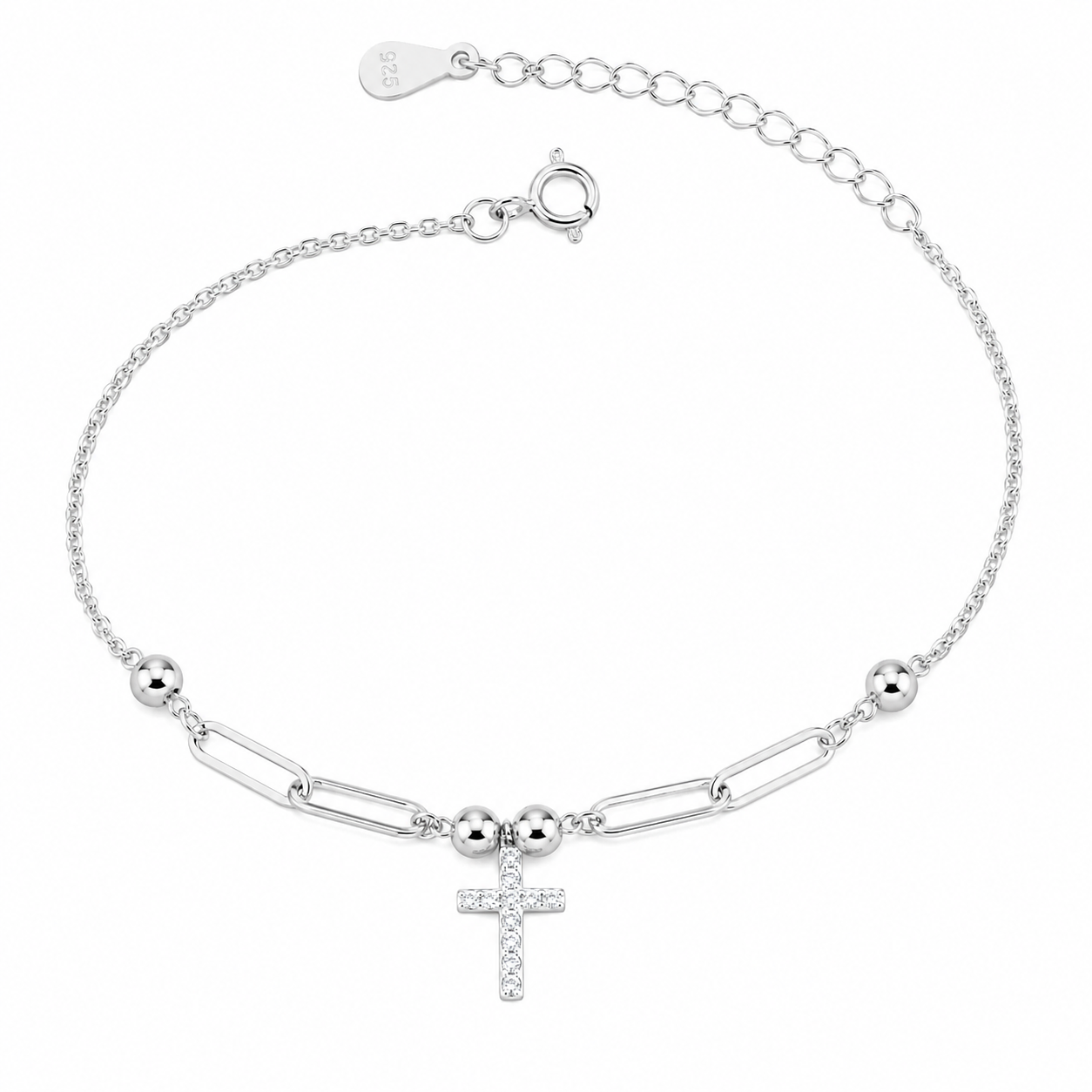 Brățară din Argint 925 Rodiat cu Cruce și Zirconii – Elegantă, Reglabilă 16+3 cm – Infinity Bijoux. BD438