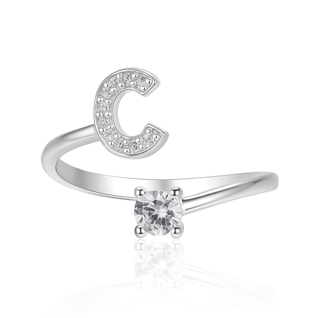 Inel reglabil din argint cu inițială – bijuterie elegantă personalizată din argint 925, mărime universală, cutie cadou inclusă. ID10
