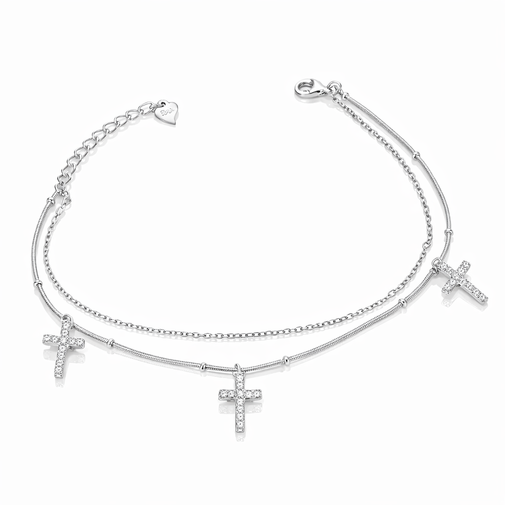 Brățară Dublă Argint 925 Rodiat „Trinity Shine” cu 3 Cruciulițe cu Zirconii – Elegantă și Reglabilă. BD213