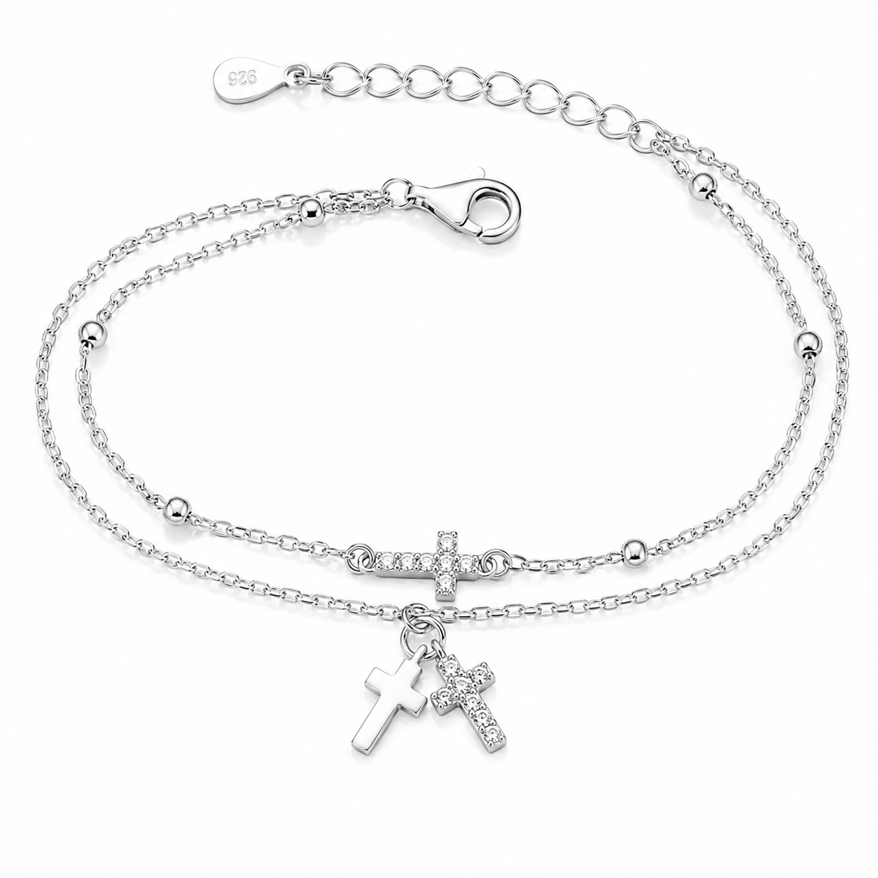 Brățară Dublă din Argint 925 cu Cruciulițe și Zirconii – Brățară Elegantă Reglabilă pentru Femei, 17+3 cm. BD431