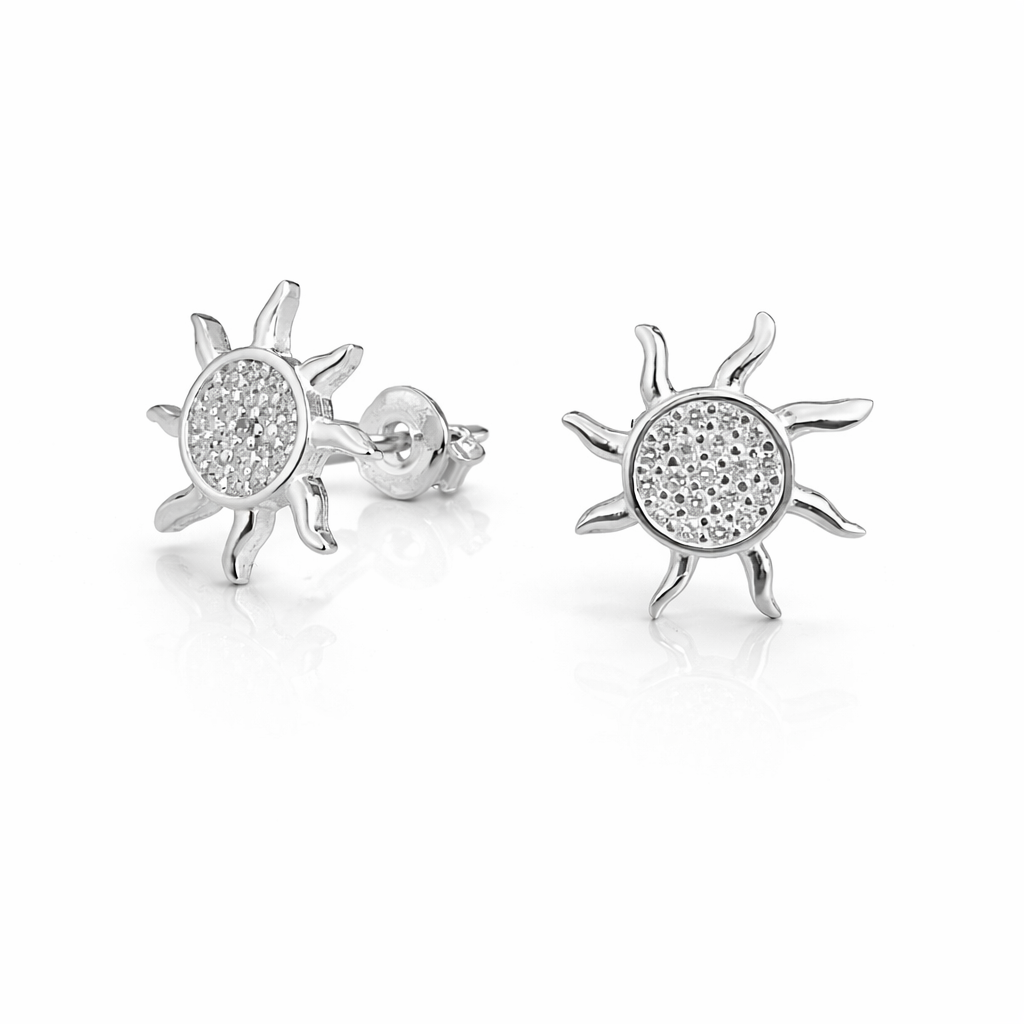 Cercei din Argint 925 în Formă de Soare cu Pietre Strălucitoare – 14 mm, Închidere Tip Șurub, Eleganță Modernă. CD543