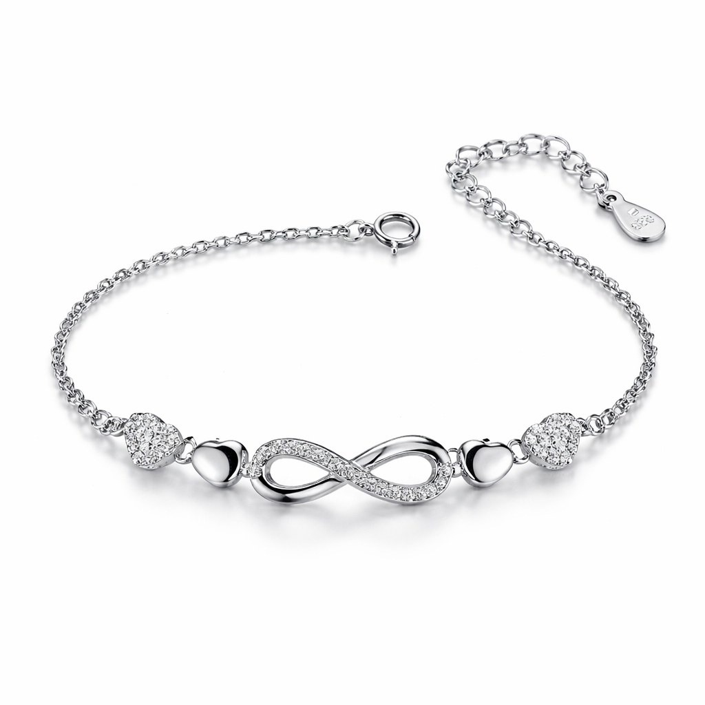 Brățară din Argint 925 Rodiat cu Simbol Infinit și Inimi Pavé, Lungime Ajustabilă 16+3 cm. BD428