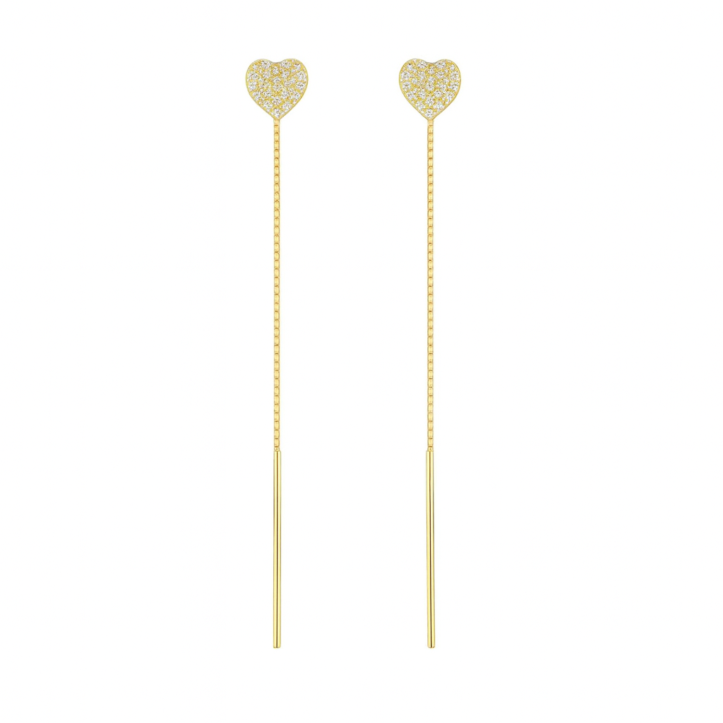 Cercei cu Fir din Argint 925 Placat cu Aur de 14K, Model Inimioară Strălucitoare, Lungime 8 cm