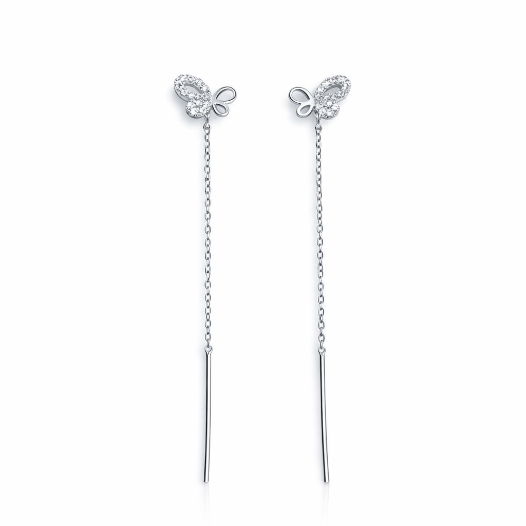 Cercei cu Lanț din Argint 925 Rodiat cu Fluturaș Elegant – Design Modern, Lungime 7 cm. CD587