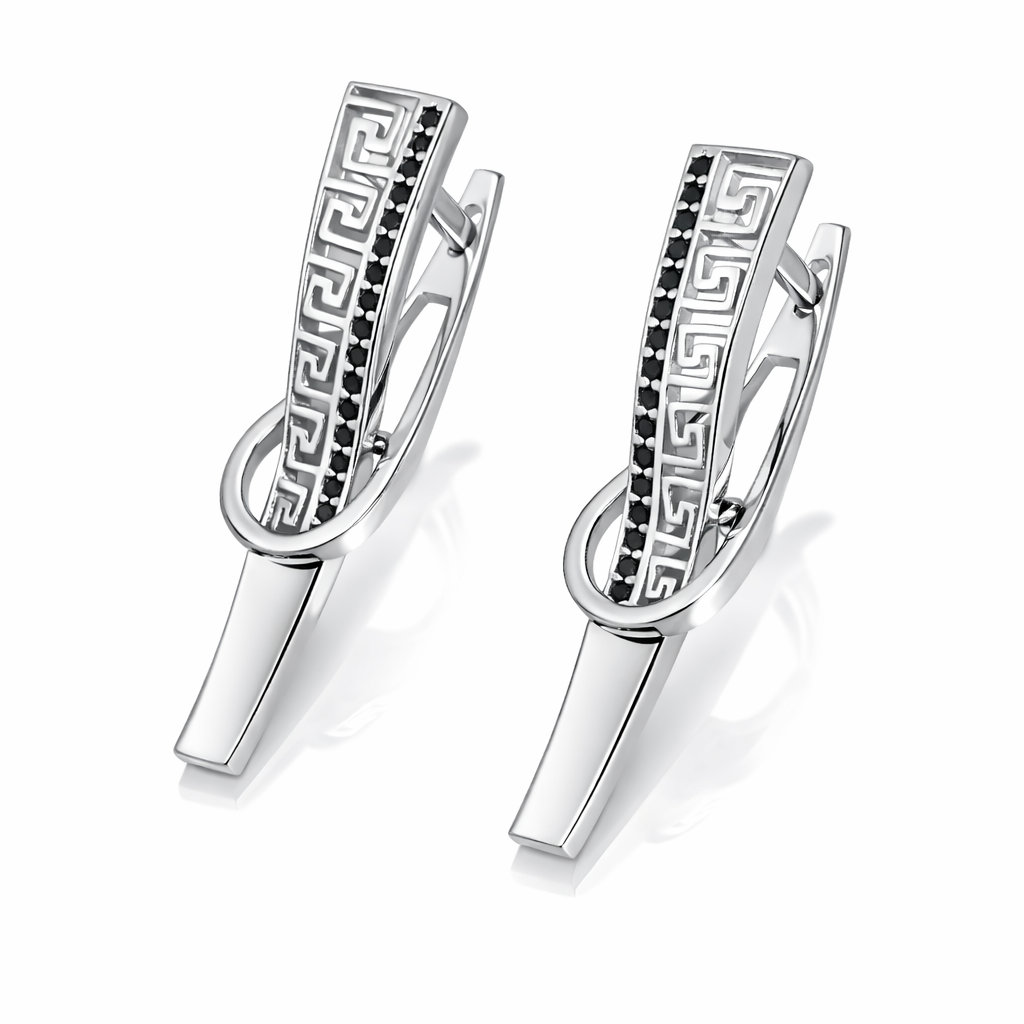 Cercei Argint 925 Rodiat „Helix Noir” – Design Grecesc cu Accente Negre, 3.3 cm. CD561