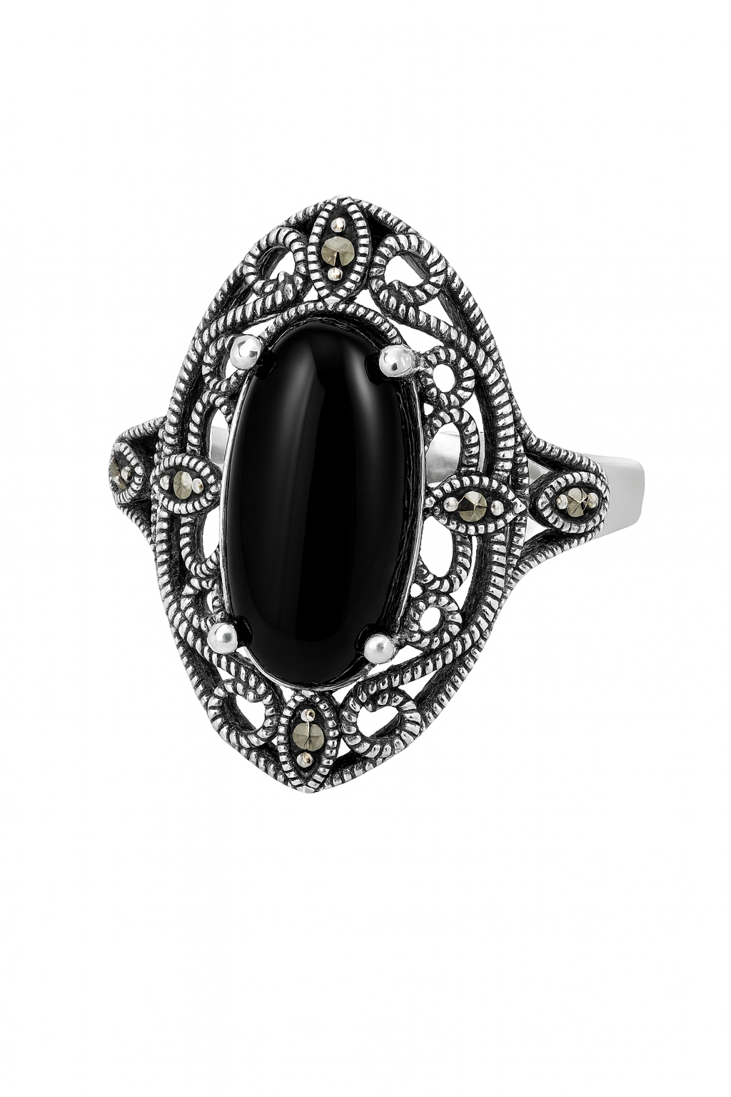 Inel masiv vintage cu marcasite si piatra neagra pe deget