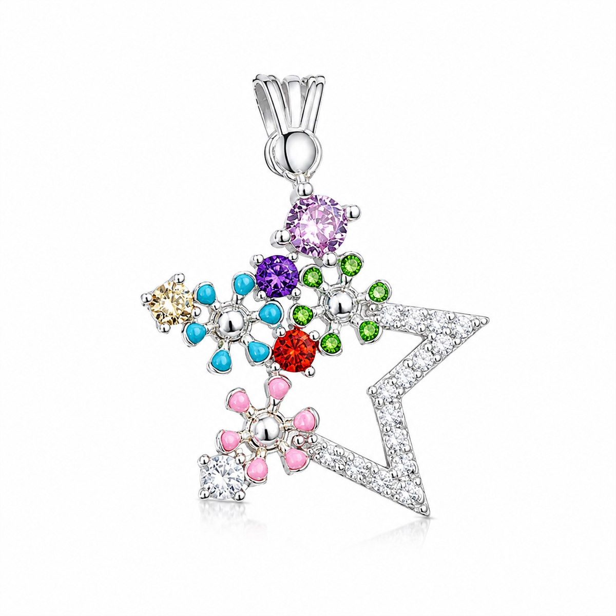 Pandantiv din Argint 925 „Steaua Florilor” cu Pietre Multicolore – 1,5 cm