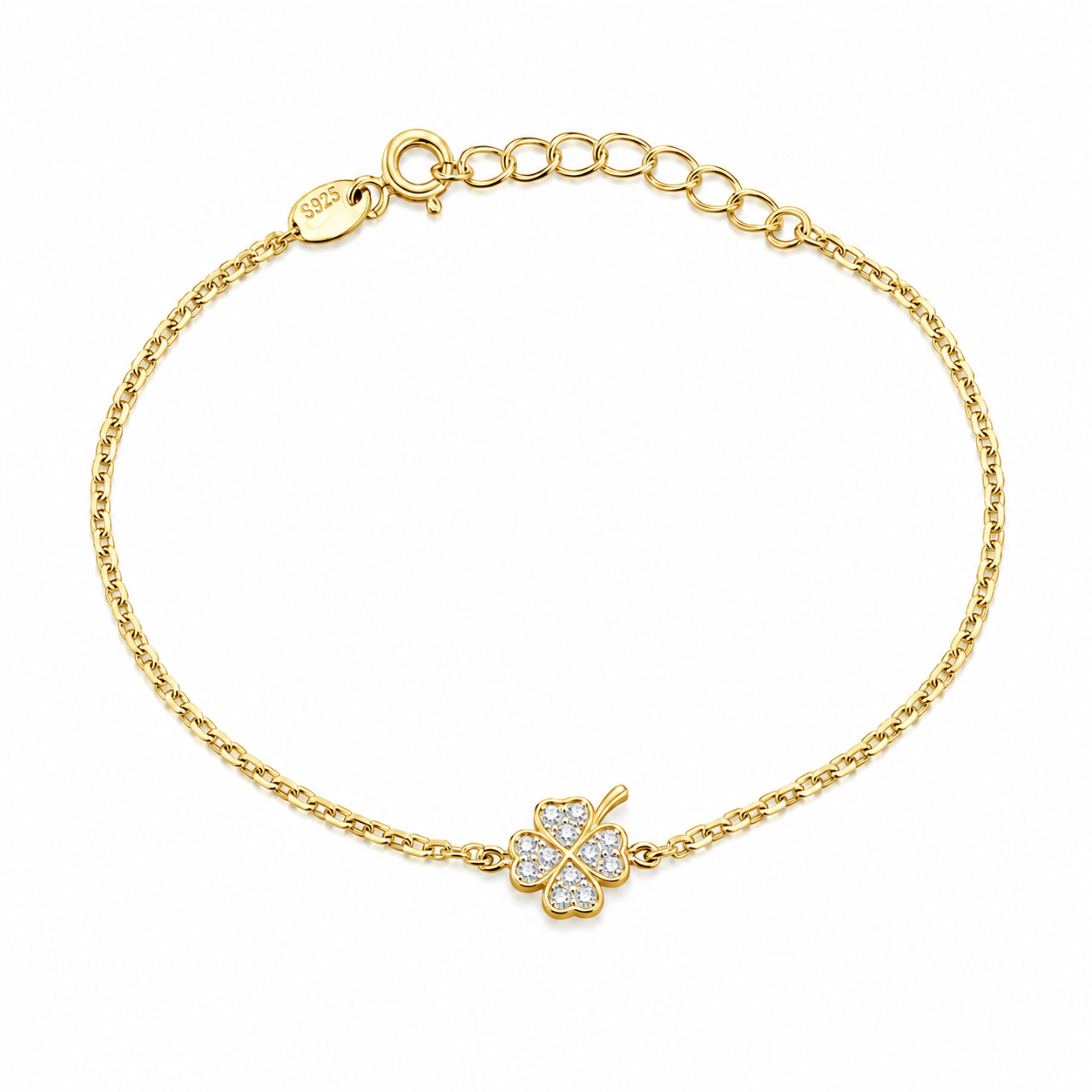 Brățară din Argint 925 Placată cu Aur „Noroc de Aur” – Trifoi cu Zirconii, 13 + 2,5 cm BD452