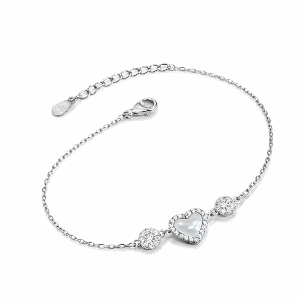 Brățară Argint 925 Rodiat „Inima Lunii” cu Sidef Natural și Zirconii Strălucitoare. BD422