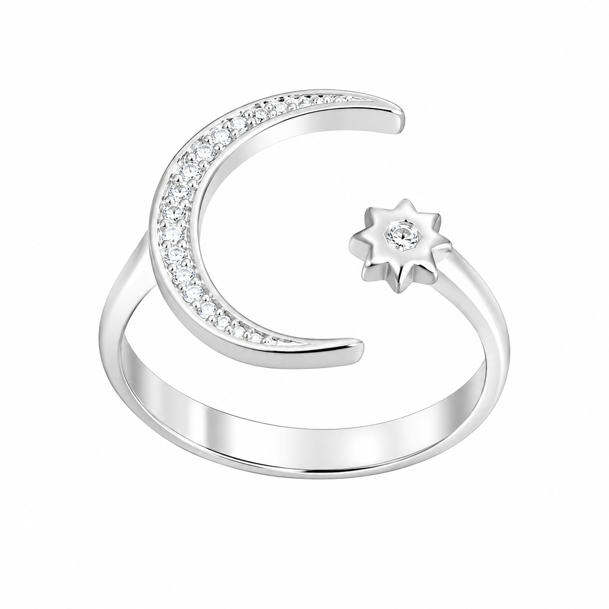 Inel Reglabil din Argint 925 Rodiat „Luna și Steaua” cu Zirconii – Aspect Aur Alb, Design Celest Elegant. ID523