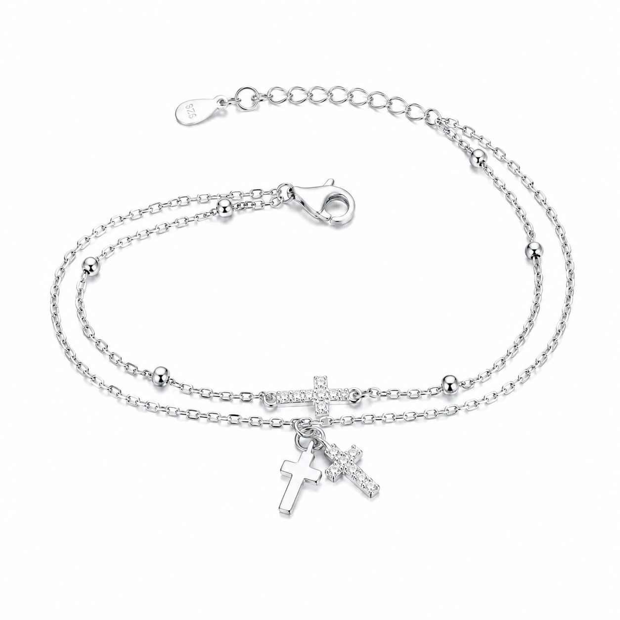 Brățară Dublă din Argint 925 cu Cruciulițe și Zirconii – Brățară Elegantă Reglabilă pentru Femei, 17+3 cm. BD431