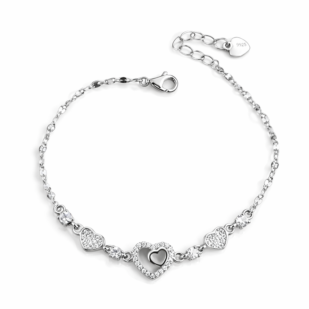 Brățară Argint 925 Rodiat cu Inimă și Sidef Alb – Brățară Elegantă cu Cristale, Lungime Ajustabilă 17+4 cm. BD417